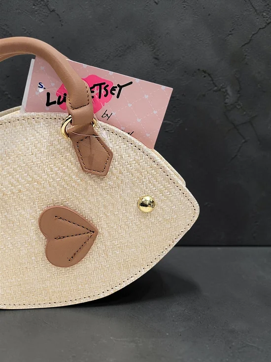 Betsey Johnson Beige  Fish-Shaped Crossbody Bag Wicker with Brown Trim - Picture 8 of 10